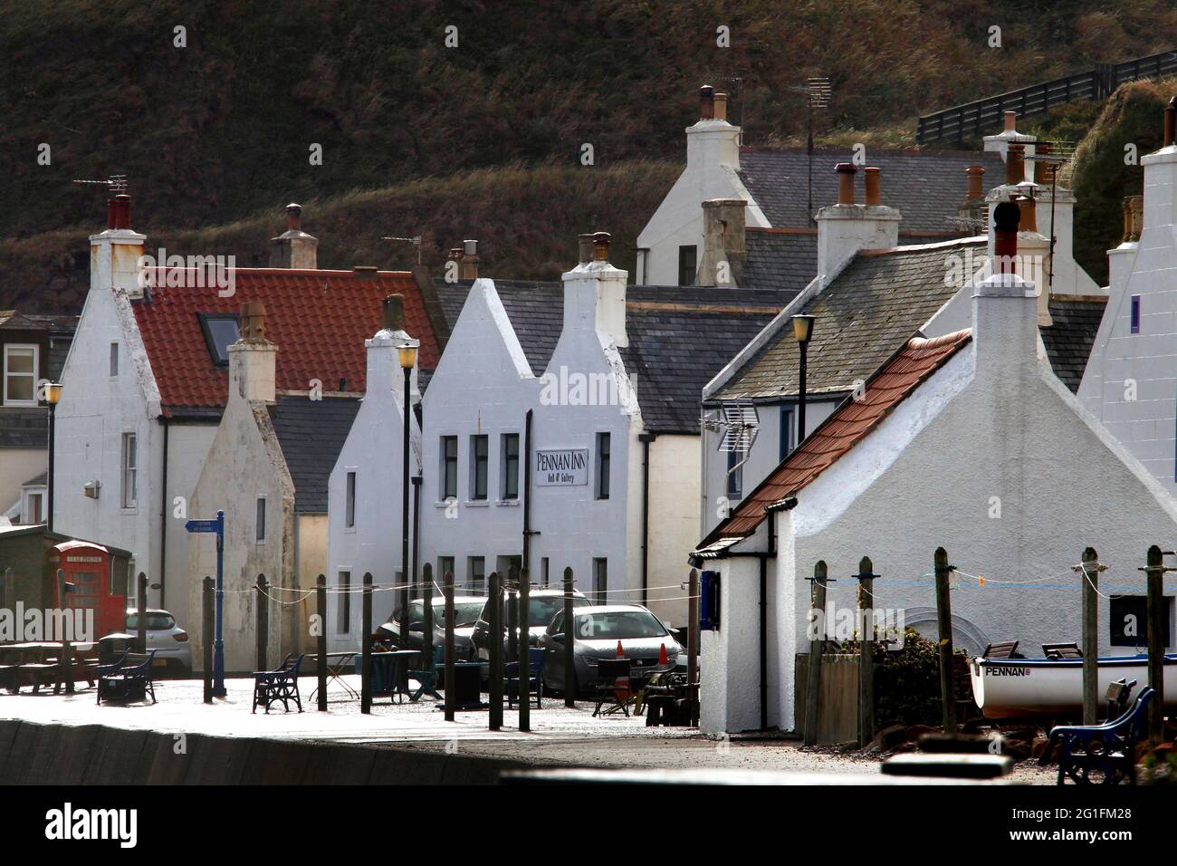 Cottage, Cottage di pescatori, Mare del Nord, Costa, Villaggio Scozzese, Villaggio di pescatori, Penann, luogo di ripresa locale Hero, Aberdeenshire, Highlands Foto Stock