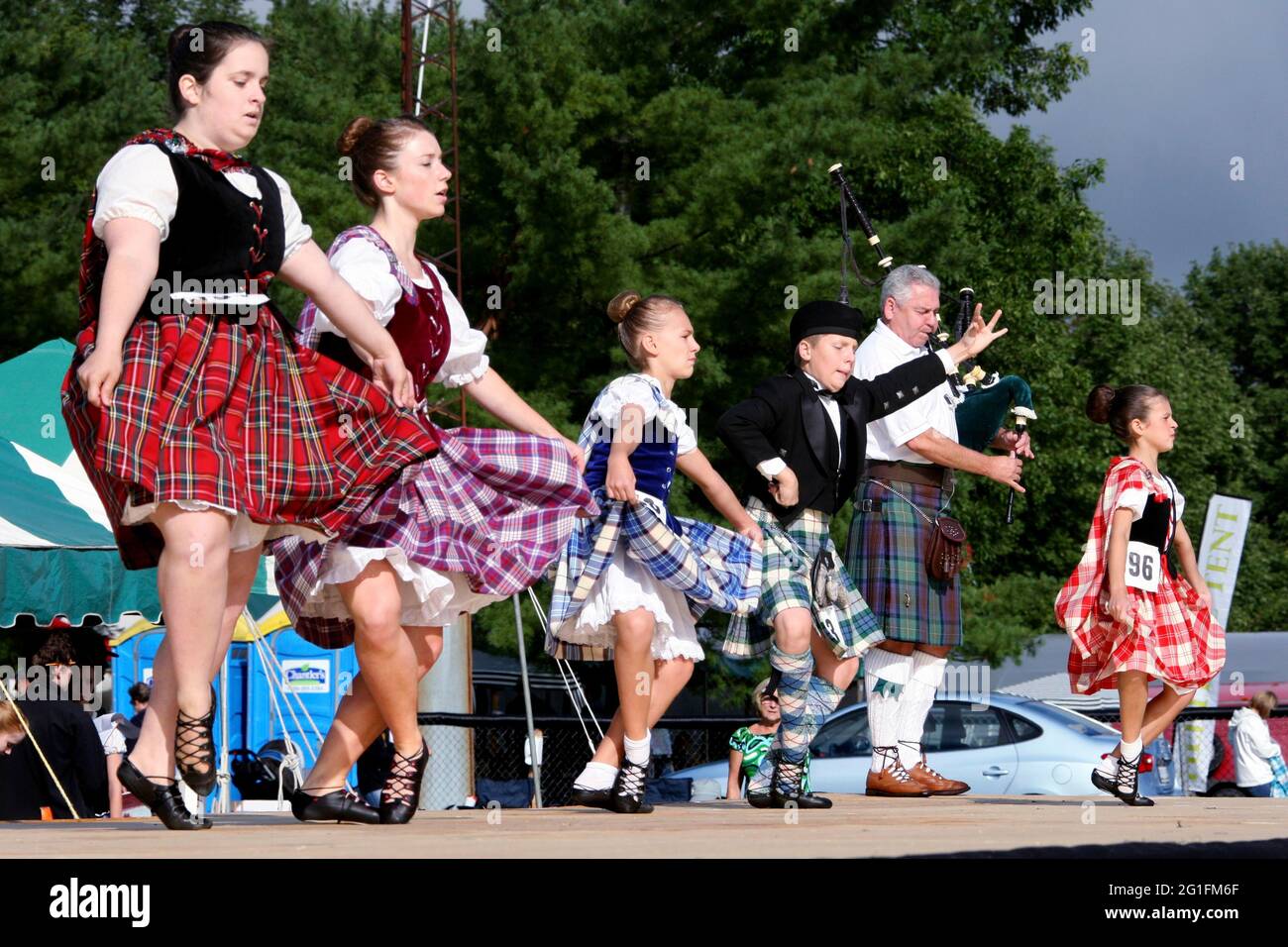 Highlandgames, giochi per highland, danza highland, danza highland, tartan, Plaid, pipers, bagpipers, Scozia, America del Nord, America, Gran Bretagna Foto Stock