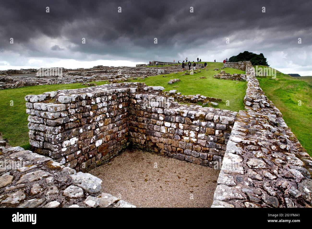 Il Muro di Adriano, il Muro di Adriano, il sistema di fortificazione di frontiera romana, le lime Britanniche, la catena di fortificazione, il forte, la rovina, forte, Casa, Parrocchia Foto Stock