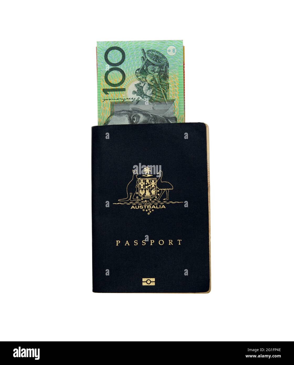 Australian Passport con nota australiana di 100 dollari. Denaro e passaporto = vacanza all'estero Foto Stock