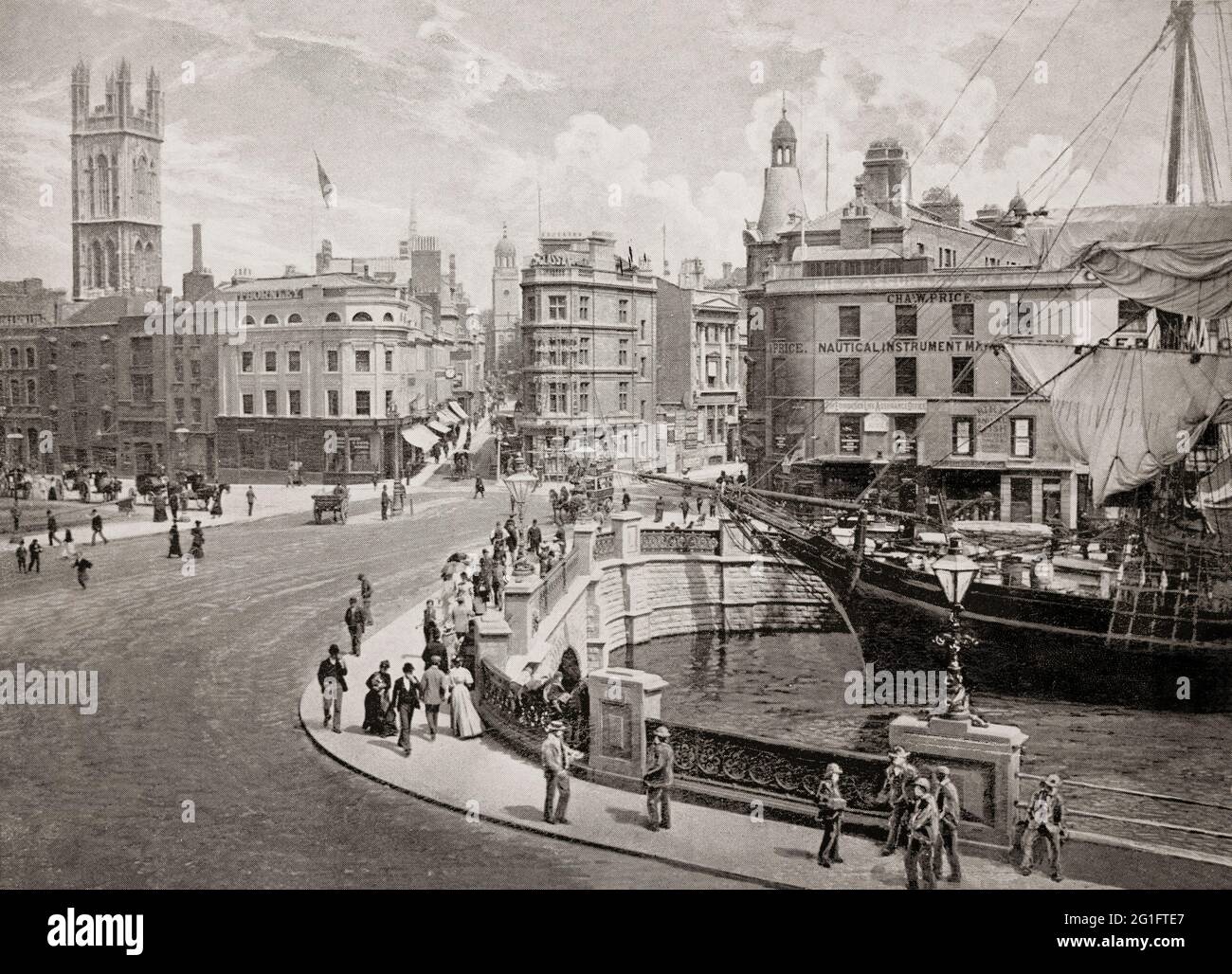 Una vista del tardo 19 ° secolo del Porto di Bristol nella città di Bristol, Inghilterra. Il porto, precedentemente la marea naturale del fiume Avon, è stato fatto nella sua forma attuale nel 1809, quando la marea è stata impedita di uscire permanentemente. Un by-pass di marea è stato scavato per 3 miglia attraverso i campi di Bedminster per il fiume, conosciuto come 'River Avon New Cut', 'New Cut', o semplicemente 'The Cut'. È spesso chiamato il porto galleggiante in quanto il livello dell'acqua rimane costante e non è influenzato dalla marea. Foto Stock