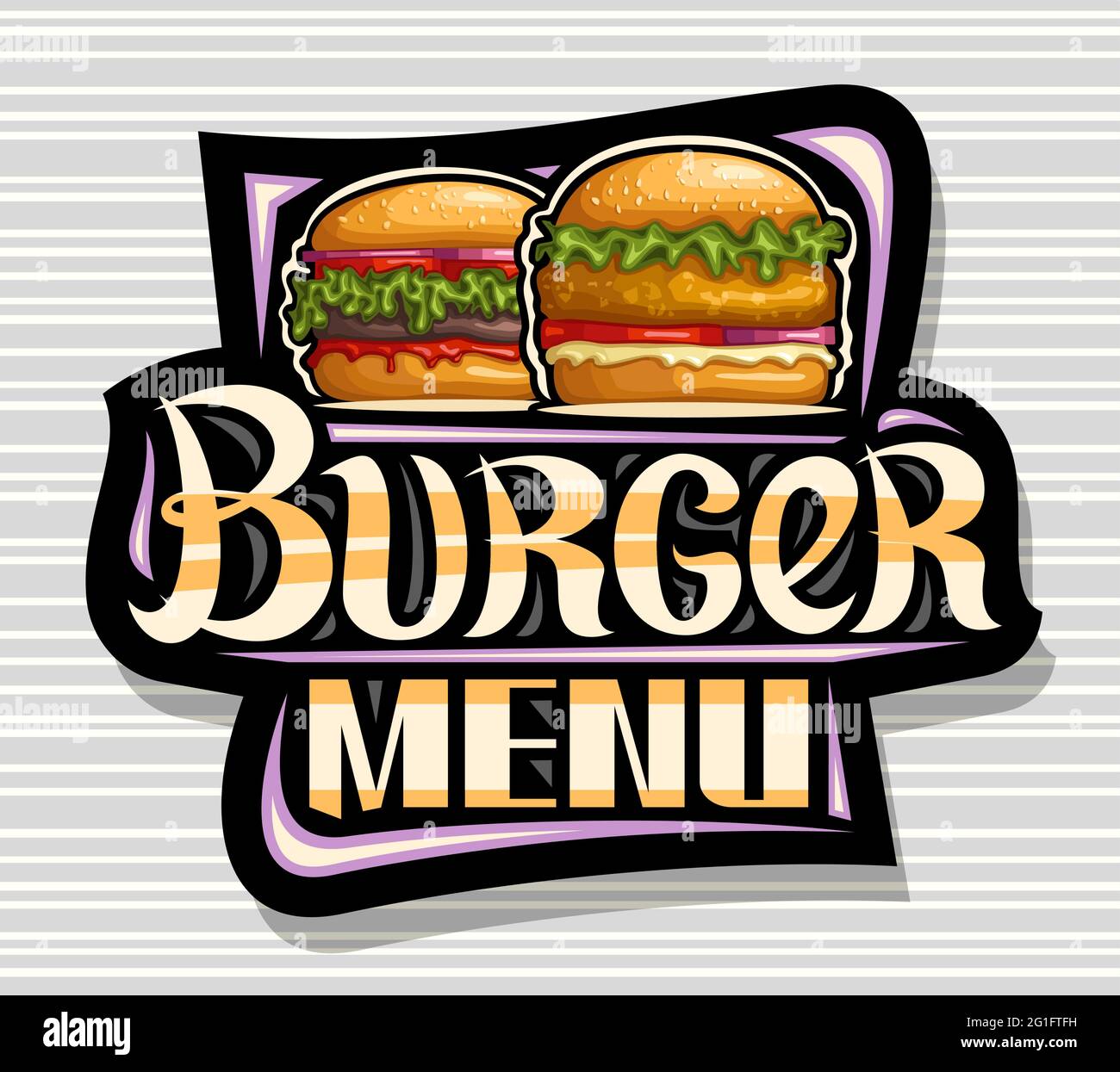 Logo vettoriale per Burger Menu, cartellone decorativo nero con illustrazione di hamburger con bistecca fritta e verdure in panino di sesamo, con poster quadrato Illustrazione Vettoriale