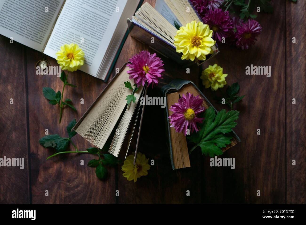 Vista dall'alto di libri e fiori su sfondo ligneo, piatto Foto Stock