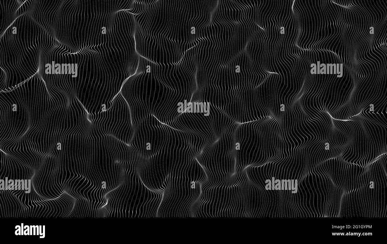 particelle astratte linea fluttuante forma su sfondo nero, illustrazione picolo si muovono su nero per piegarsi con il progetto principale Foto Stock