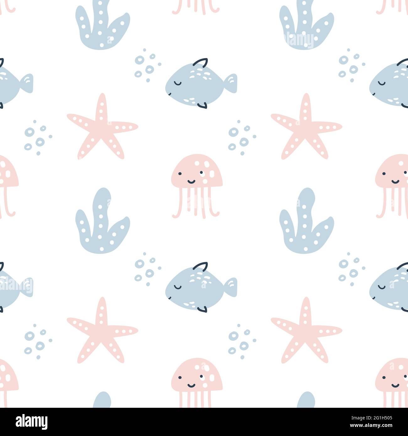 Pattern vettoriale scandinavo senza giunture con pesci, stelle del mare e punti. Summer Vector design alla moda perfetto per stampe, volantini, striscioni, tessuti Illustrazione Vettoriale