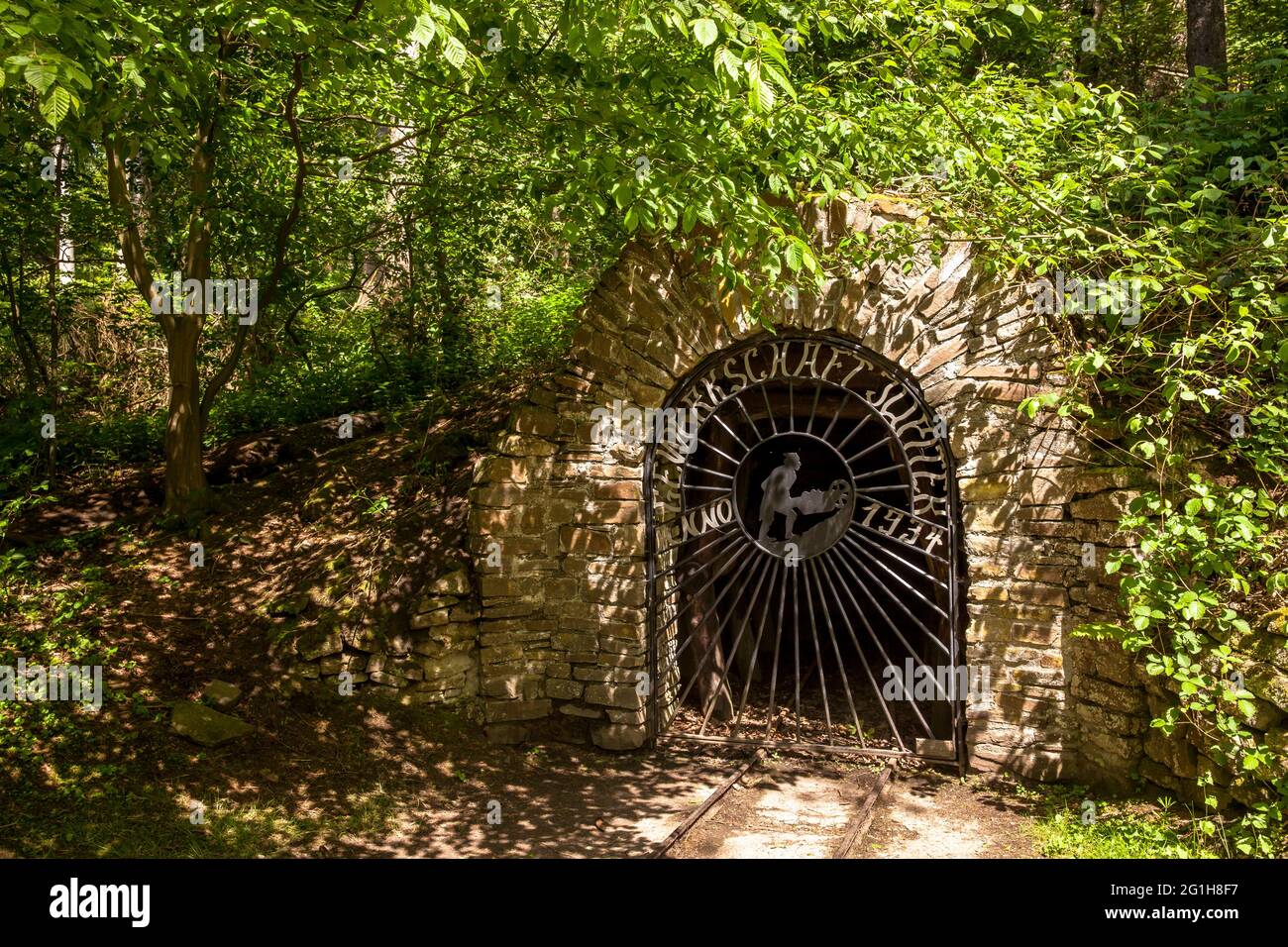 Ingresso al tunnel minerario dell'ex-Giove colliery nella valle Muttental vicino a Witten-Bommern, pista mineraria, Witten, Renania Settentrionale-Vestfalia Foto Stock