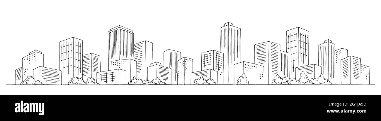 Città grafica nero bianco skyline disegno grafico vettoriale Illustrazione Vettoriale