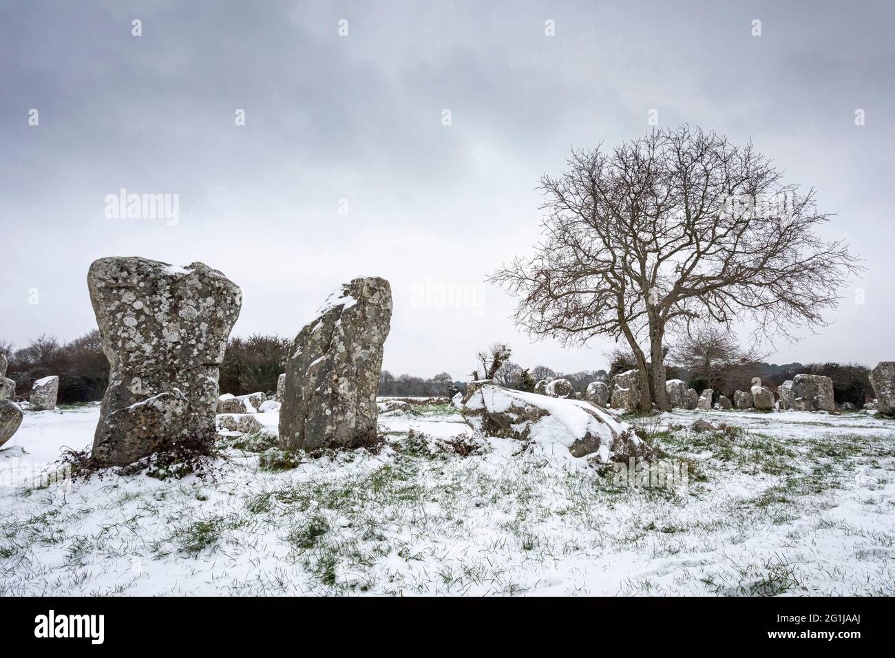 Erdeven (Bretagna, Francia nord-occidentale): Gli allineamenti Menec coperti di neve il 2021/02/11 Foto Stock