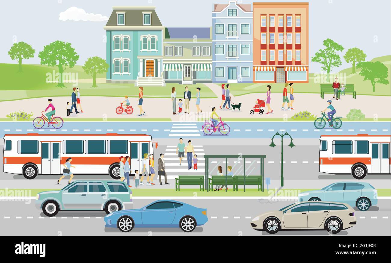 Trasporti pubblici con autobus pubblici, ciclisti e pedoni illustrazione Illustrazione Vettoriale