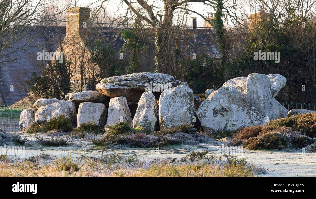 Carnac (Bretagna, Francia nord-occidentale): dolmen sul sito degli allineamenti megalitici Kermario Foto Stock