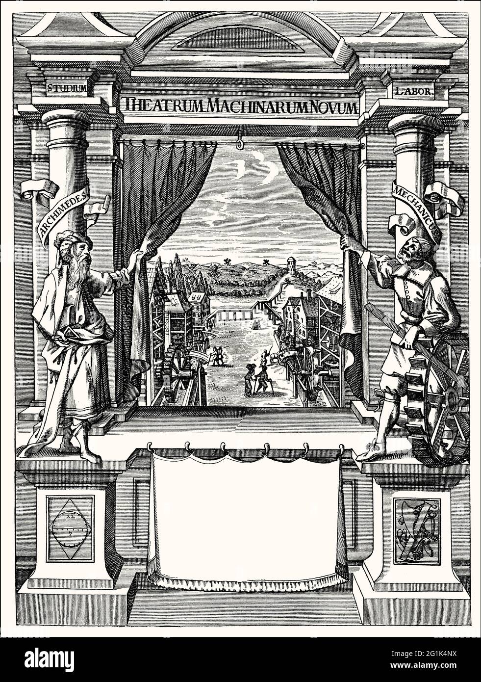 Titolo di Theatrum Machinarum Novum di Georg Andreas Böckler, Nürnberg, 1662, facsimile Foto Stock