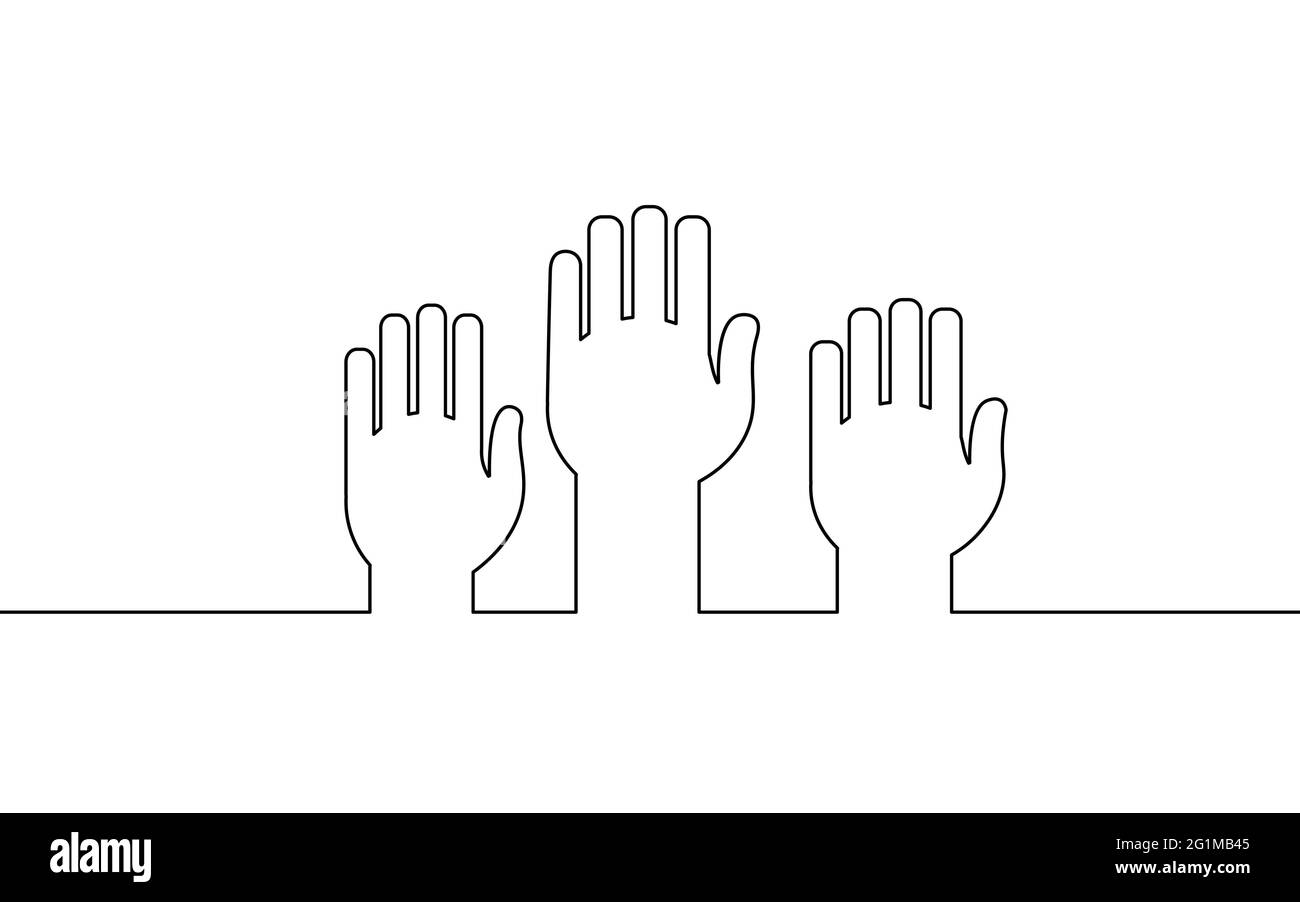 Le mani votanti si alzano verso il cielo. Una linea continua art vota online. Giorno delle elezioni volontariato incontro demoncracy. Disegno manuale del vettore persone dello schizzo Illustrazione Vettoriale