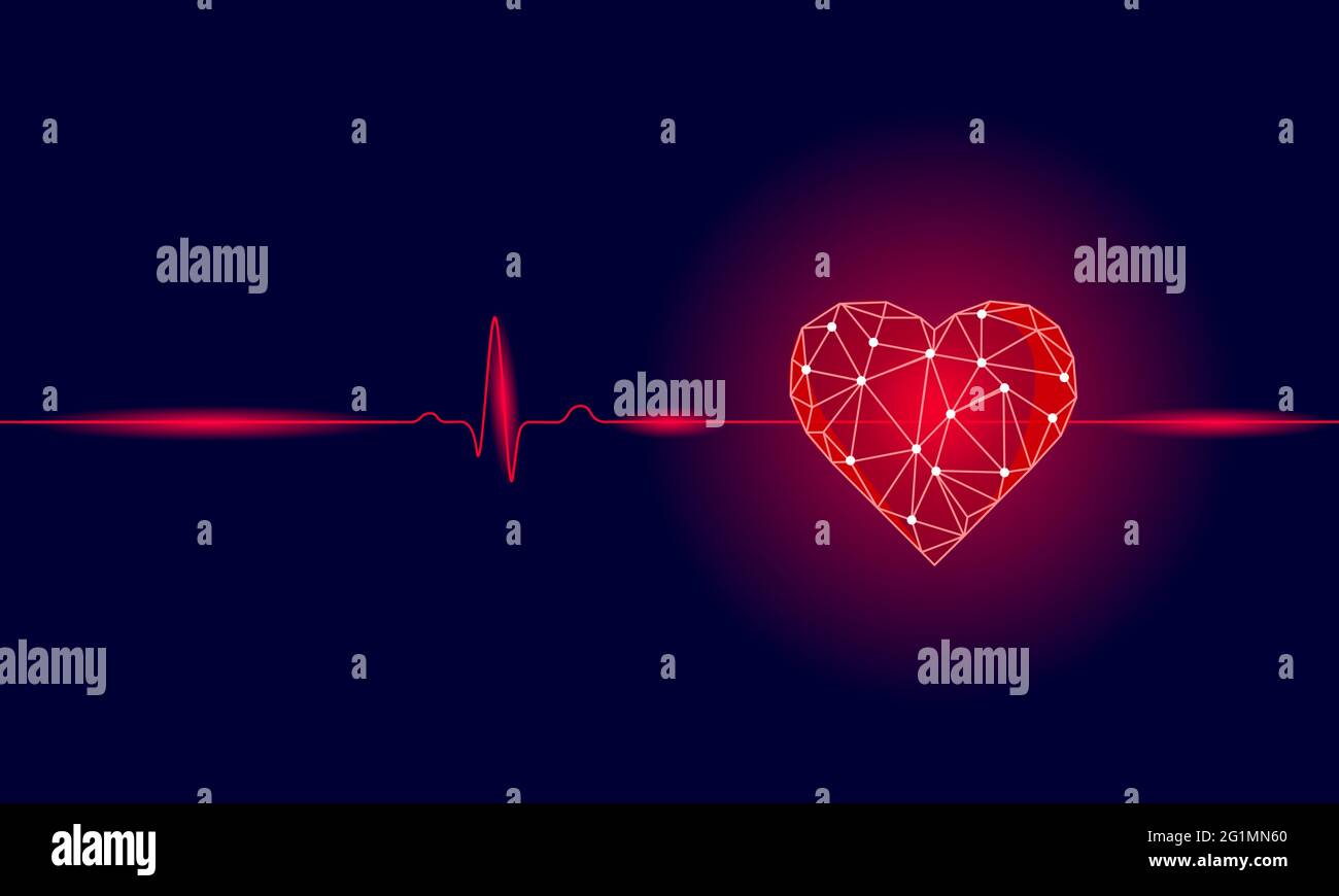Umano sano di battiti cardiaci 3d modello di medicina a bassa poli. Triangolo di punti collegati glow punto sfondo rosso. Impulso interno moderno corpo di forma anatomica Illustrazione Vettoriale