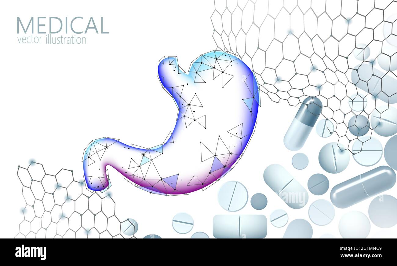 Stomaco umano il trattamento medico del concetto. Pillola capsule consentono di terapia. Apparato digerente cancro dolore addominale analisi medicina prevenzione modello poster Illustrazione Vettoriale