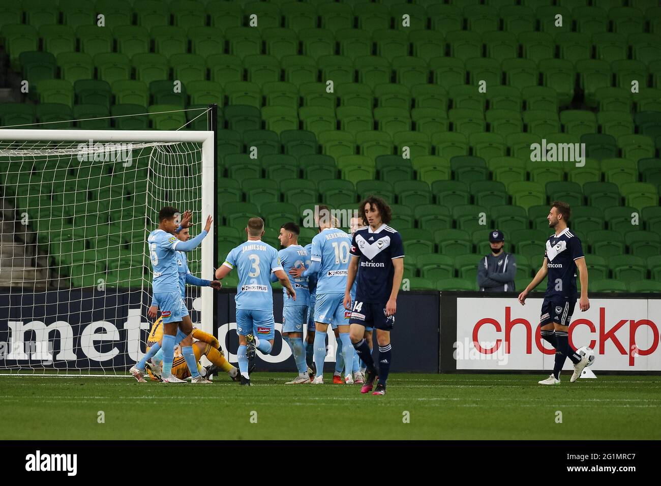 Melbourne, Australia, 6 giugno 2021. Melbourne City festeggia un gol durante la gara 24 della Melbourne Victory contro la Melbourne City FC A-League match, Australia. Credit: Dave Hewison/Alamy Live News Foto Stock