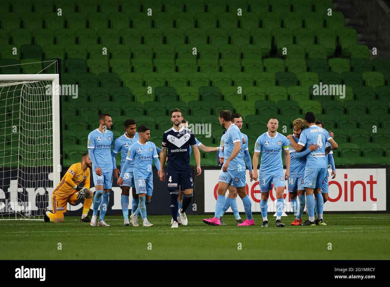 Melbourne, Australia, 6 giugno 2021. Melbourne City festeggia un gol durante la gara 24 della Melbourne Victory contro la Melbourne City FC A-League match, Australia. Credit: Dave Hewison/Alamy Live News Foto Stock