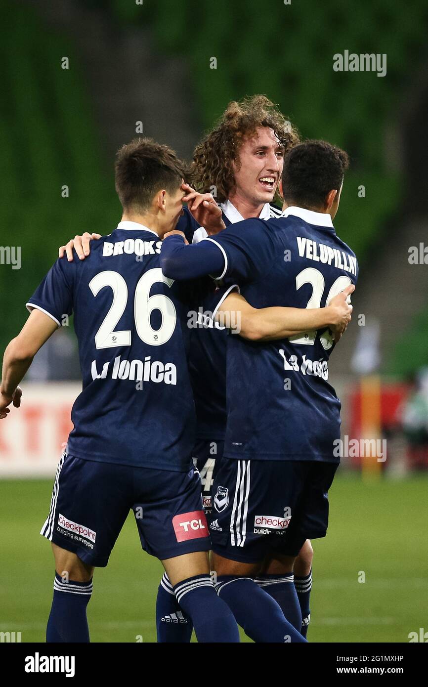 Melbourne, Australia, 6 giugno 2021. Melbourne Victory festeggia un gol durante il round 24 della Melbourne Victory contro la Melbourne City FC A-League match, Australia. Credit: Dave Hewison/Alamy Live News Foto Stock