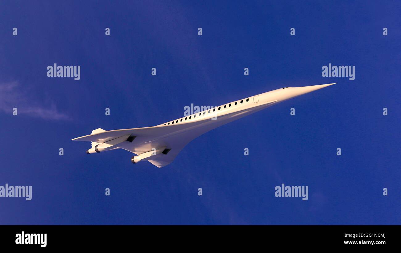 Volo supersonico, l'aereo per viaggiare più veloce che mai. A differenza di altri voli commerciali, ha una velocità doppia. rendering 3d Foto Stock