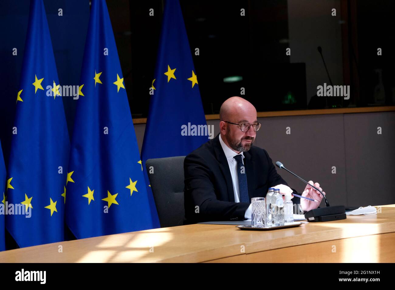 Bruxelles, Belgio. 07 giugno 2021. Il 7 giugno 2021, il presidente del Consiglio europeo Charles Michel si riunisce a Bruxelles, in Belgio, tramite una videoconferenza con il presidente del Mozambico Filipe Nyusi. Credit: ALEXANDROS MICHAILIDIS/Alamy Live News Foto Stock