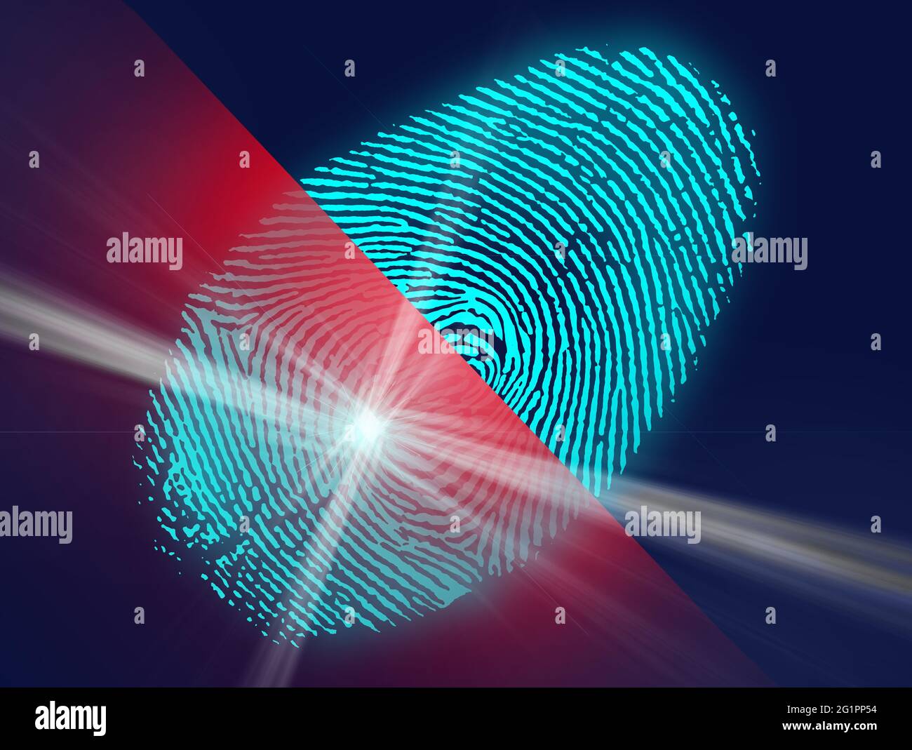 Concetto di sicurezza digitale, impronta elettronica sullo schermo di scansione. Concetto di sicurezza informatica. Futuristico sfondo blu e rosso. Illustrazione 3-D f Foto Stock