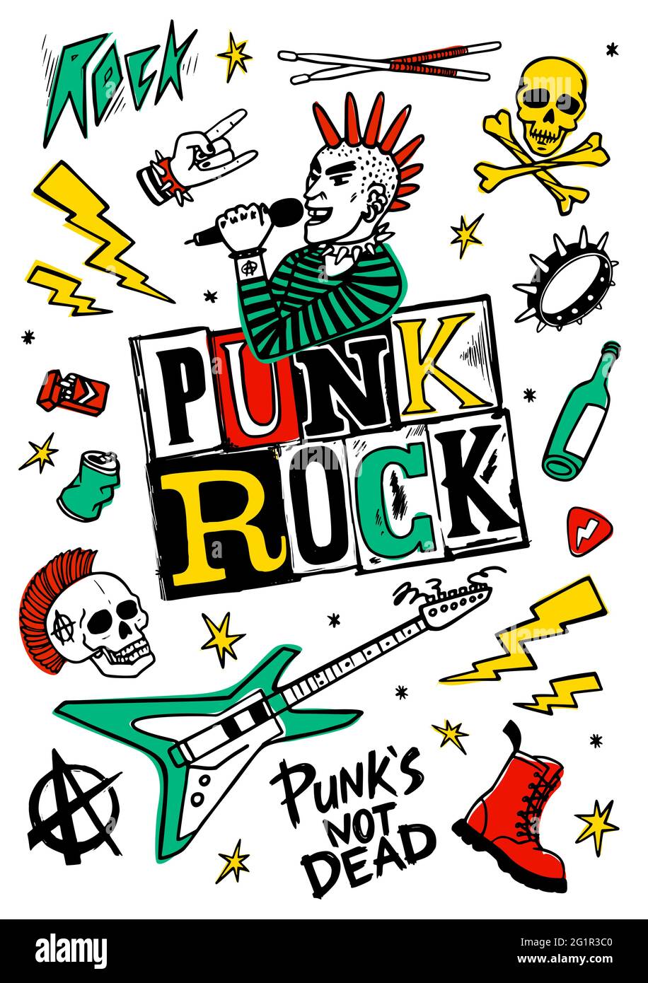 Musica punk rock set. Simboli rock punk, parole ed elementi di design su sfondo bianco. Illustrazione vettoriale Illustrazione Vettoriale