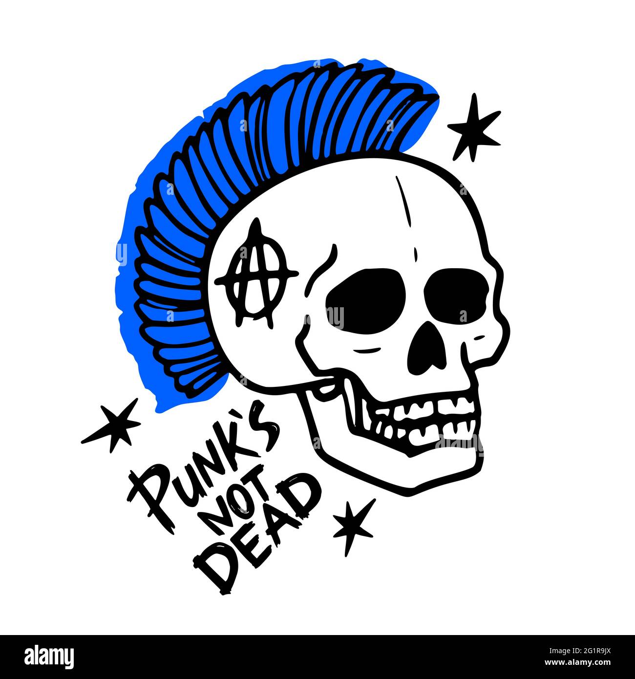 Musica rock punk. Punks non parole morte e cranio mohawk. Illustrazione vettoriale su sfondo bianco Illustrazione Vettoriale