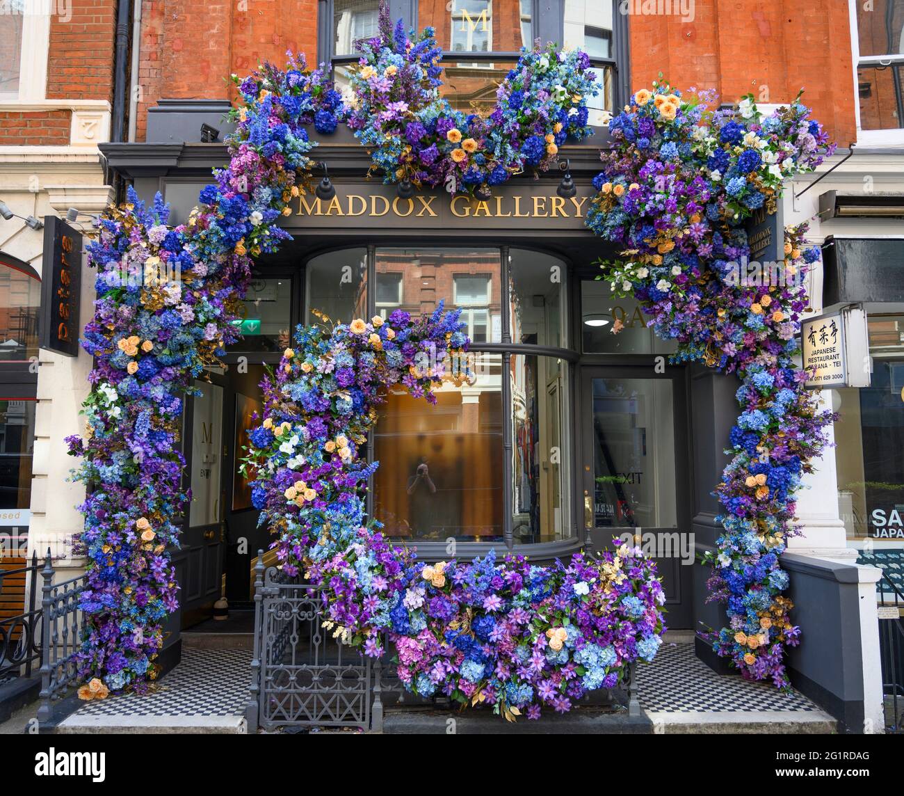 Londra, Regno Unito. 7 giugno 2021. Il clima caldo a Londra continua per tutta la settimana prossima. Un'impressionante esposizione floreale incornicia la Maddox Gallery. Credit: Malcolm Park/Alamy Live News. Foto Stock