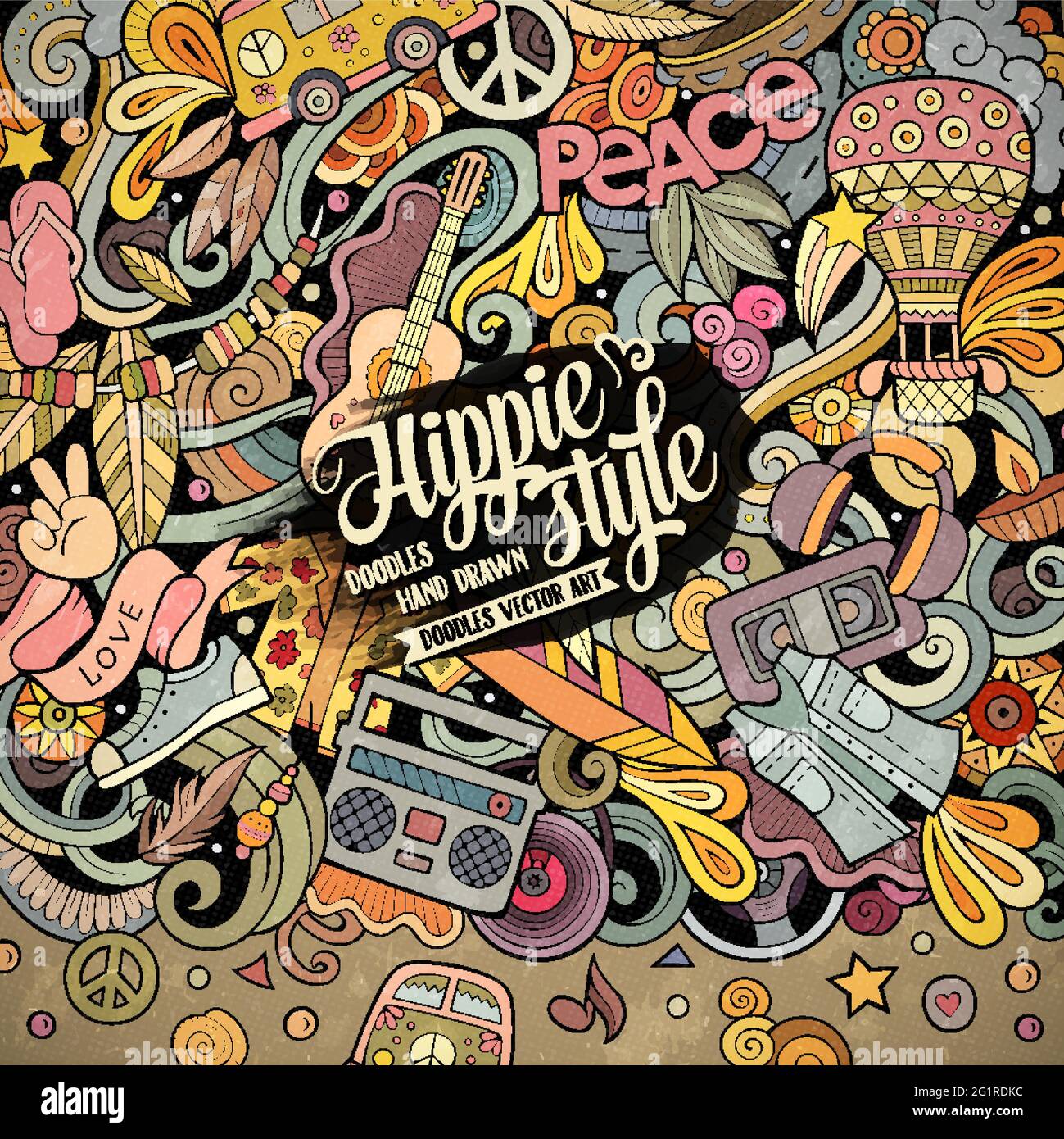 Illustrazione di doodles vettoriali disegnati a mano di hippie. Design della scheda Hippy Frame. Elementi e oggetti per giovani sfondo cartoon. Colori luminosi bord divertente Illustrazione Vettoriale