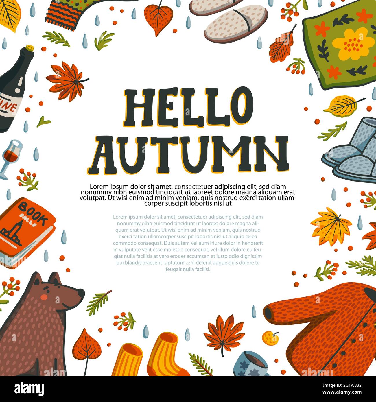 Set vettoriale di pullover icone autunno, foglie cadenti, cibo accogliente, candele, libro e hendgehog carino. Raccolta di album di elementi della stagione autunnale. Luminoso Illustrazione Vettoriale