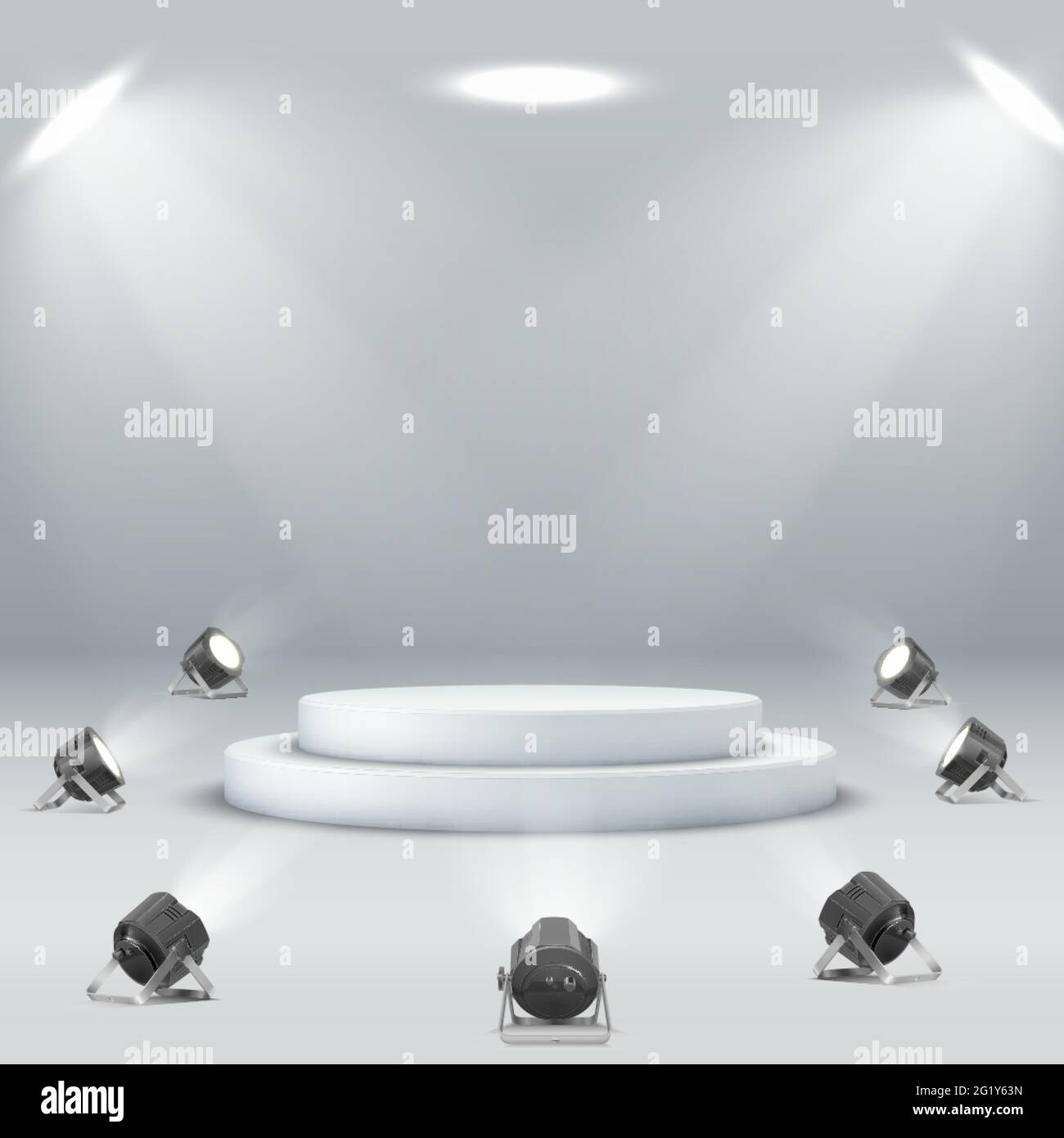 Podio vuoto bianco rotondo circondato da faretti podio Spotlight su sfondo bianco. Illustrazione Vettoriale