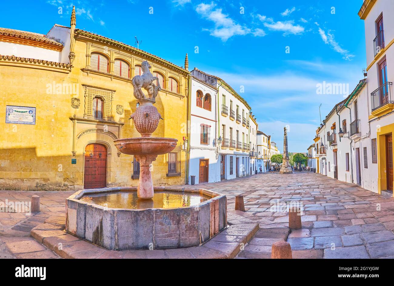 La medievale Piazza Potro con fontana Potro, decorata con scultura in pietra colt, imponente edificio di Hospital de la Caridad (Museo delle Belle Arti) A. Foto Stock