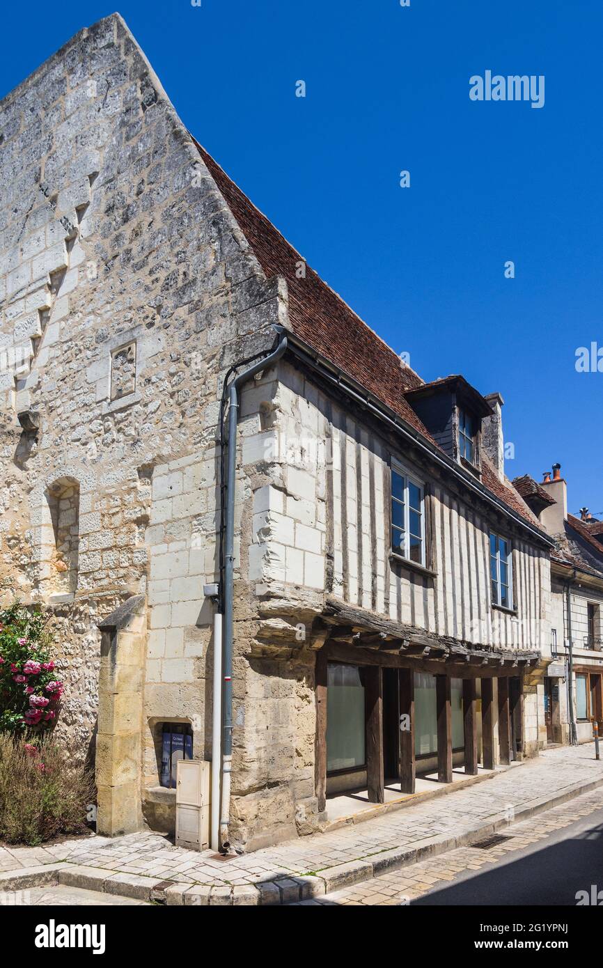 17th C casa a graticcio su Rue de Guigné, Beaulieu-les-Loches, Indre-et-Loire (37), Francia. Foto Stock