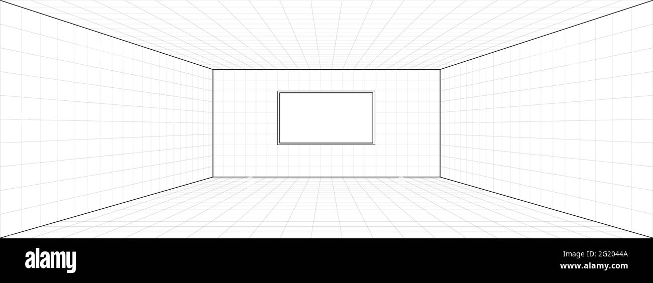 Immagine vettoriale 3d di sfondo della griglia di prospettiva della stanza. Modello di proiezione dello sfondo del modello di disegno interno. Linea una prospettiva punto Illustrazione Vettoriale