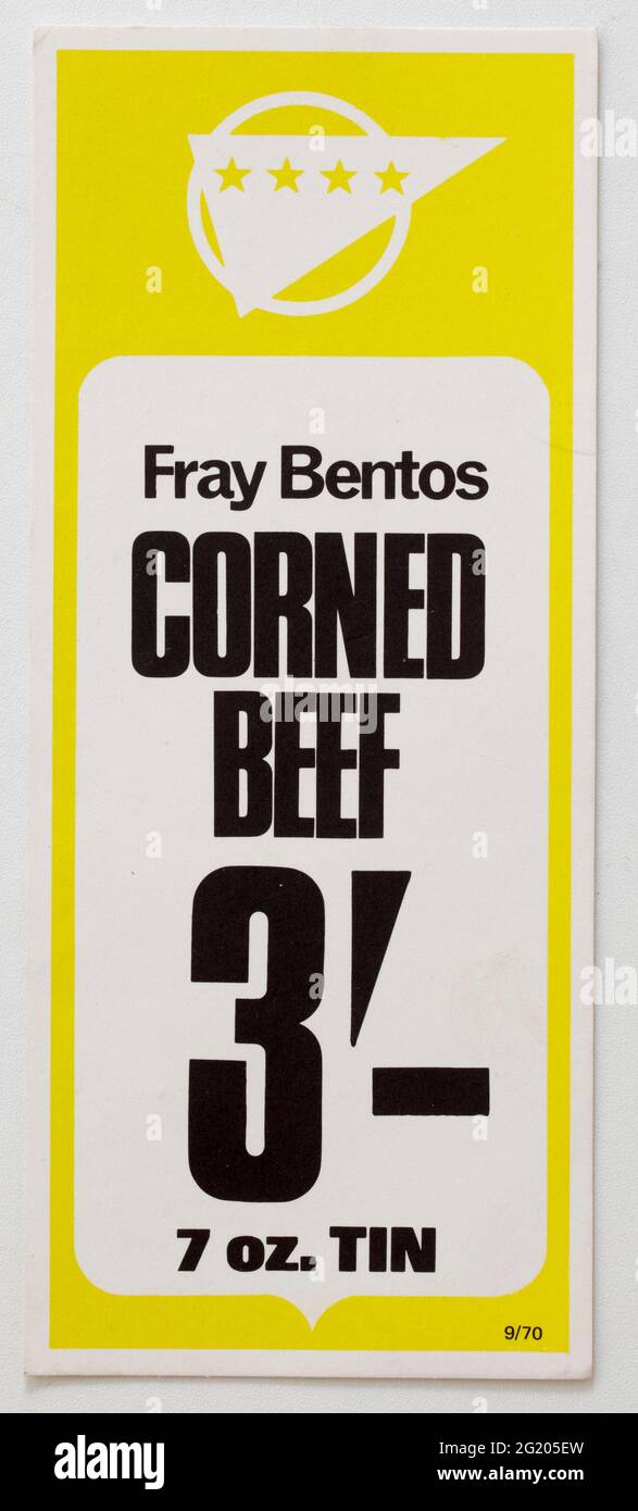 1970 Shop Pubblicità Prezzo Display Label - Fray Bentos Corned Beef Foto Stock