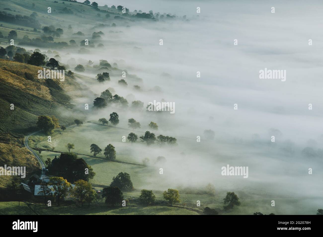La nebbia spessa copre completamente gli alberi e i campi. PEAK DISTRICT, Regno Unito: QUESTO fotografo BRITANNICO ha catturato splendide immagini di MISTY Mornings in Foto Stock