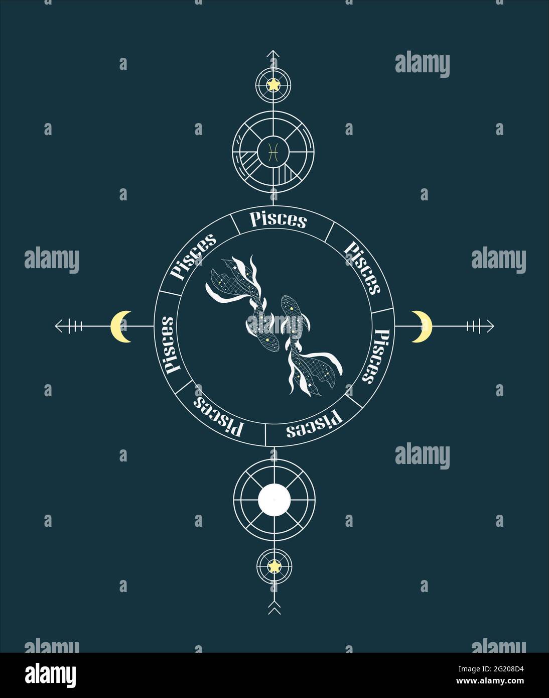 Pesci. Disegno segno zodiaco. Design zodiaco con griglia a stella. Disegno astratto di pesci. Segni con testi in latino. Illustrazioni grafiche vettoriali dell'oroscopo Illustrazione Vettoriale