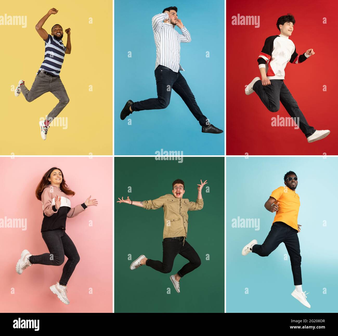 Ritratti di gruppo di persone su sfondo colorato, collage. Foto Stock