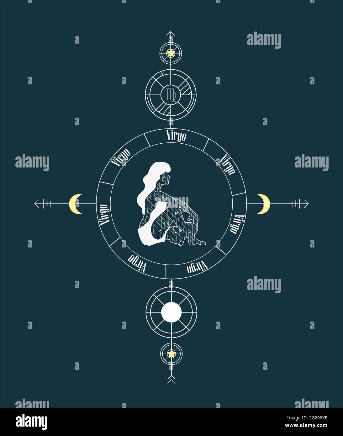 Virgo. Disegno segno zodiaco. Design zodiaco con griglia a stella. Disegno del vergo astratto. Segni con testi in latino. Illustrazioni grafiche vettoriali di oroscopi Illustrazione Vettoriale