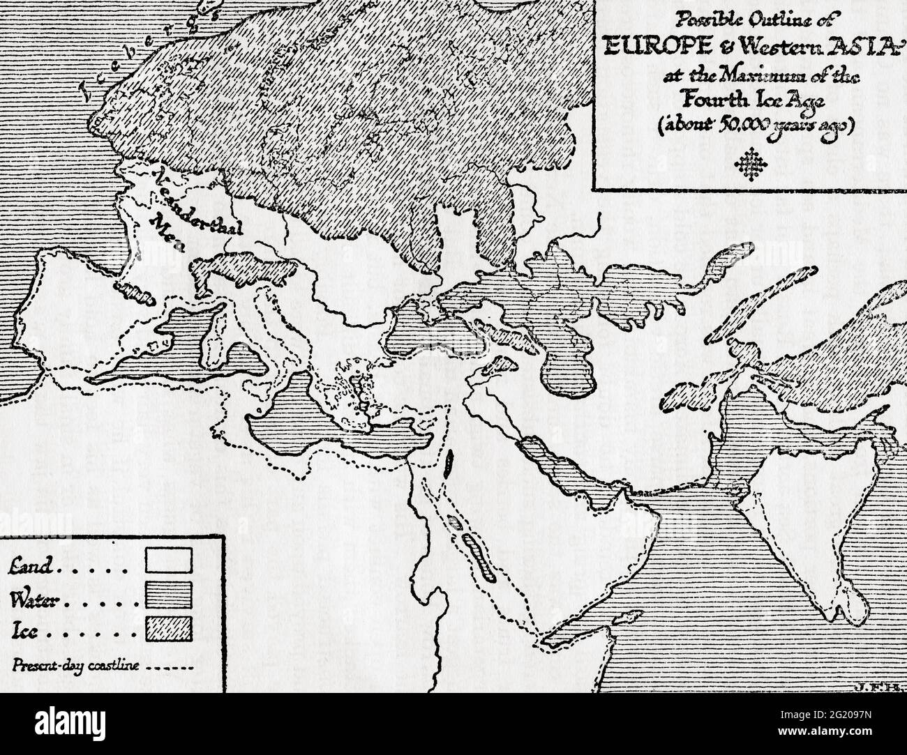 Mappa delle possibili linee dell'Europa e dell'Asia occidentale al massimo della quarta era glaciale. Da una breve storia del mondo, pubblicato c.1936 Foto Stock