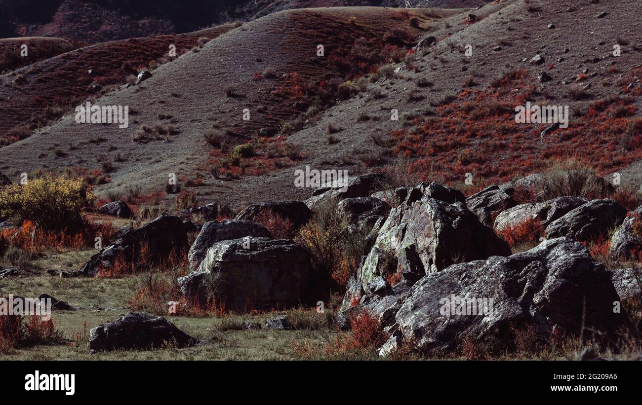 Vista sulle grandi pietre delle montagne nella Repubblica di Altai, Russia. Foto Stock