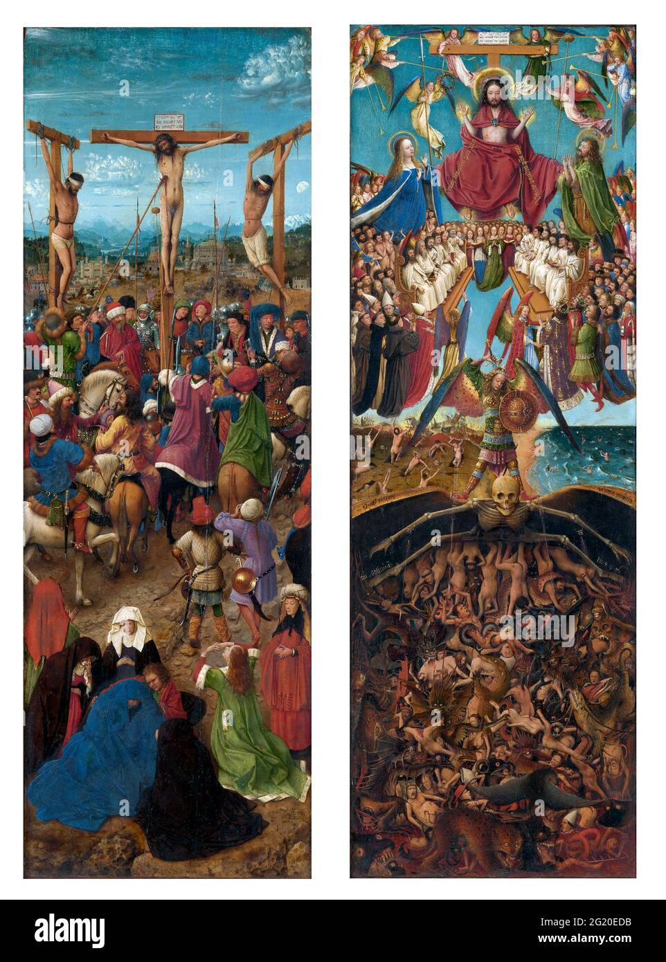 La Crocifissione e il Giudizio universale diptych di Jan van Eyck (c.1390-1441), olio su tela, trasferito da legno, c.. 1440-41 Foto Stock
