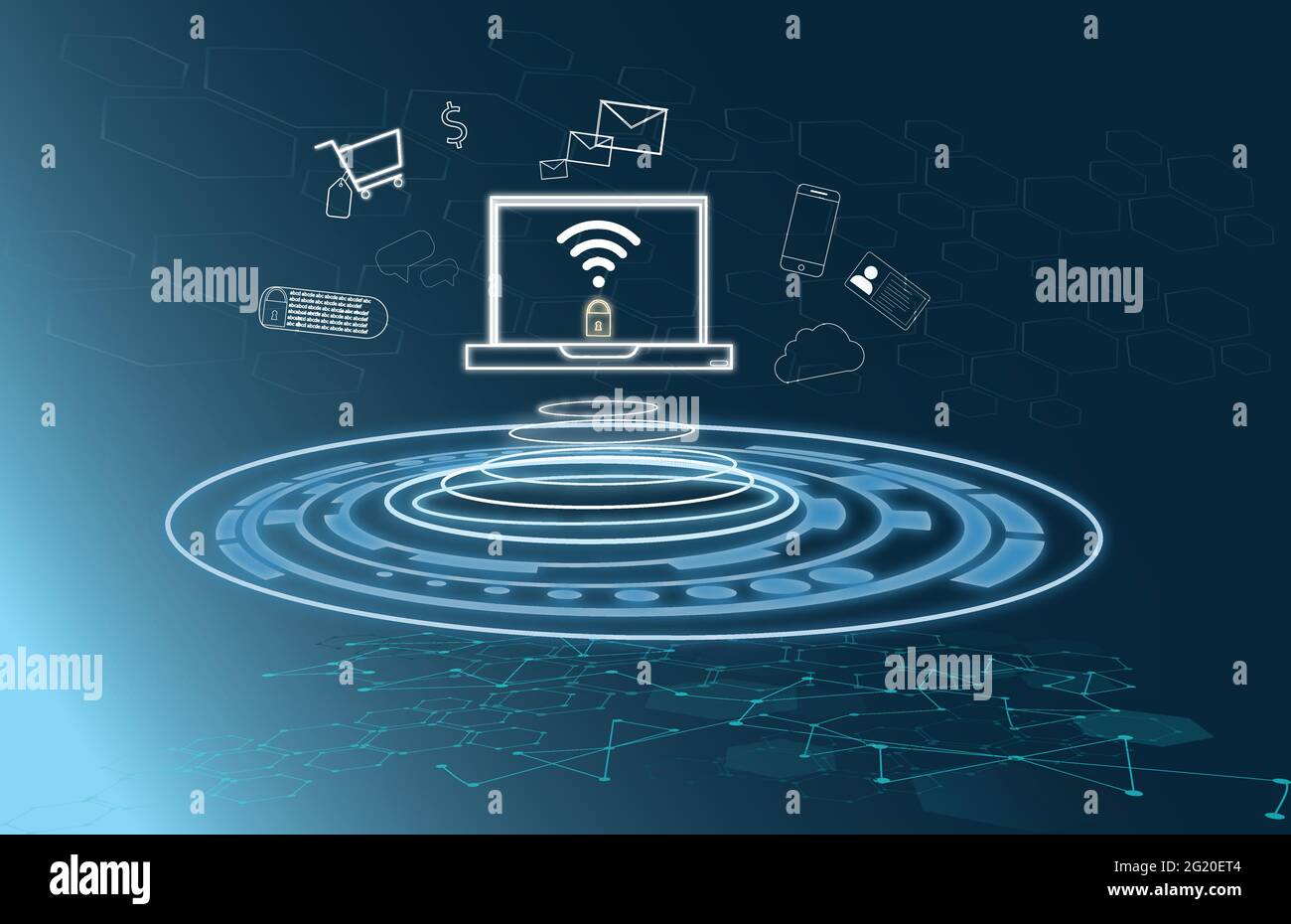 Interfaccia di cybersicurezza personale o aziendale con schermo virtuale blu con icone di connessione internet sicura. Illustrazione Vettoriale