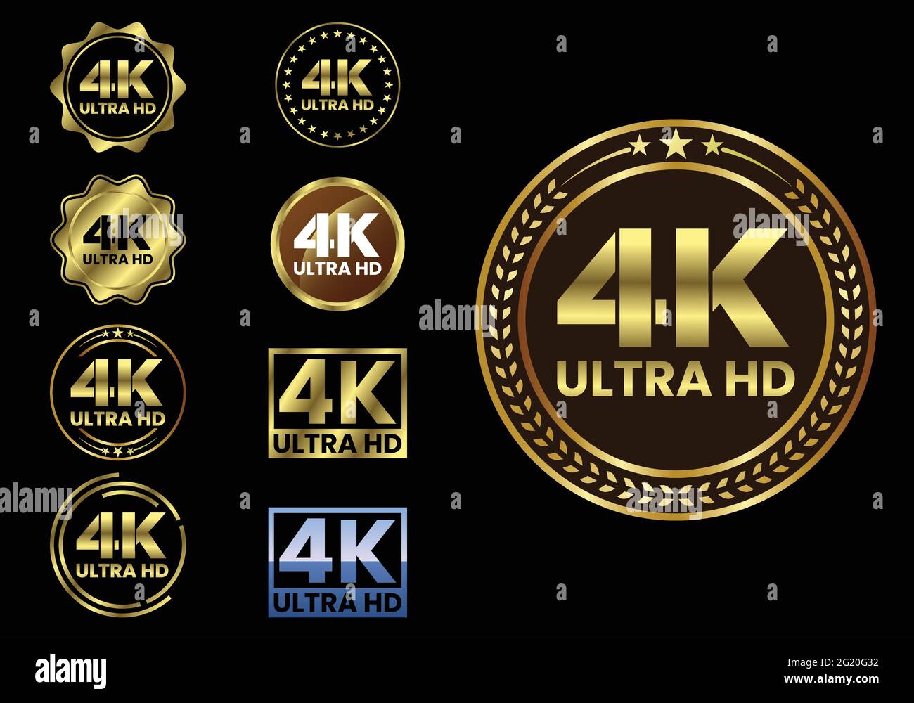 Logo dell'icona della risoluzione video Golden 4K Ultra HD, TV ad alta definizione, etichetta del display del monitor dello schermo di gioco, pulsante Web per etichette 4K Ultra HD. Illustrazione Vettoriale