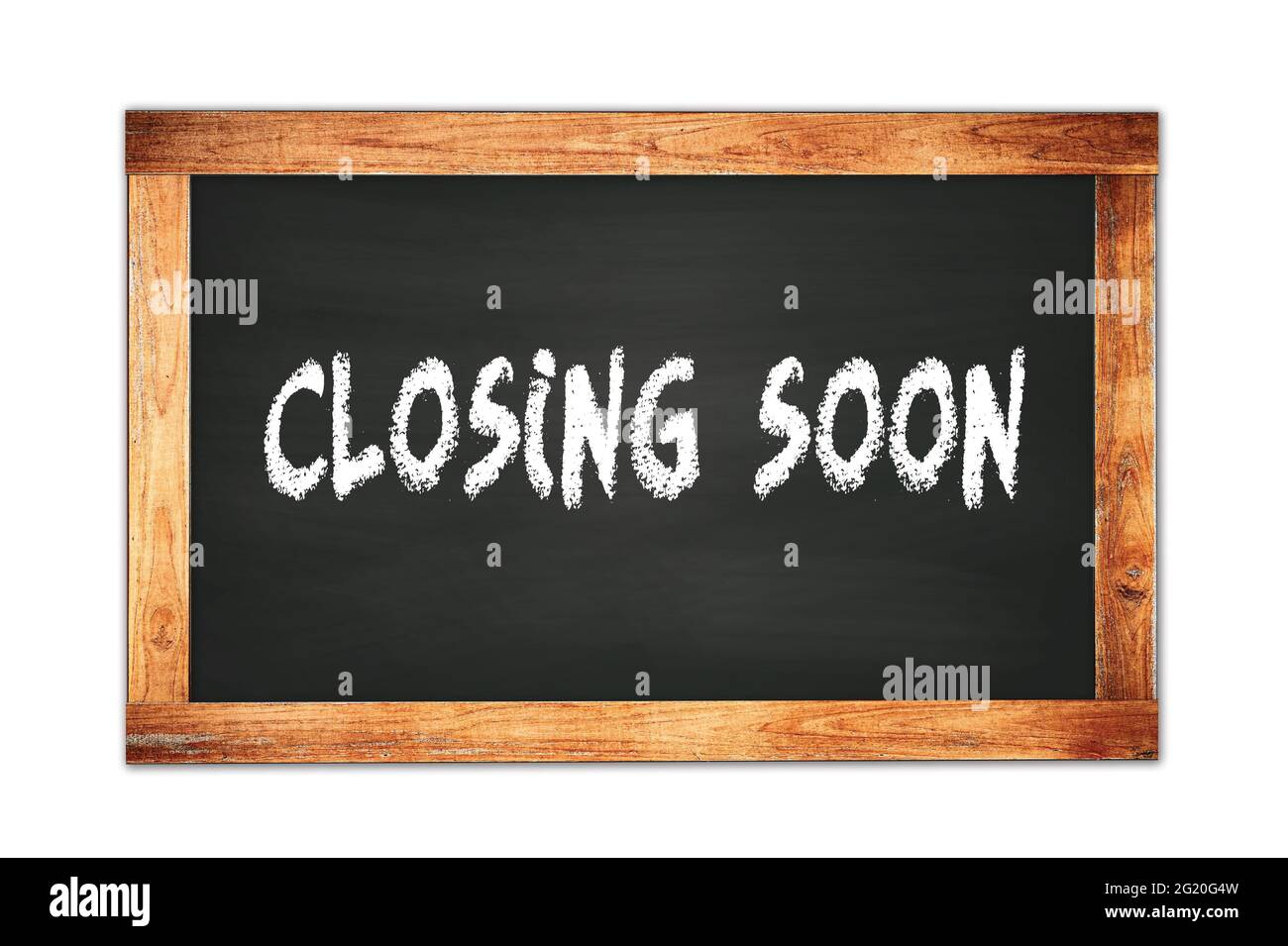 CHIUSURA PRESTO testo scritto su nero telaio scuola lavagna. Foto Stock