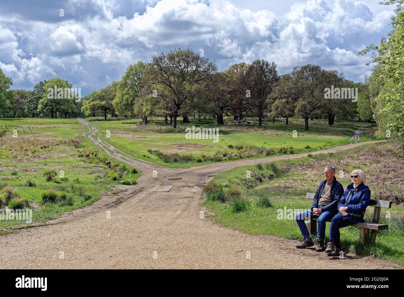 Una coppia anziana seduta sulla panchina ammirando la vista in una giornata primaverile a Richmond Park Londra Inghilterra Foto Stock