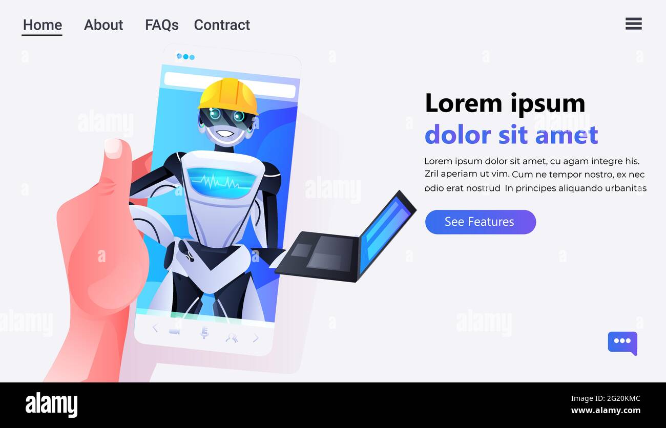 utilizzo manuale dello smartphone con robot engineer nel casco utilizzando computer portatile moderno robot personaggio intelligenza artificiale Illustrazione Vettoriale