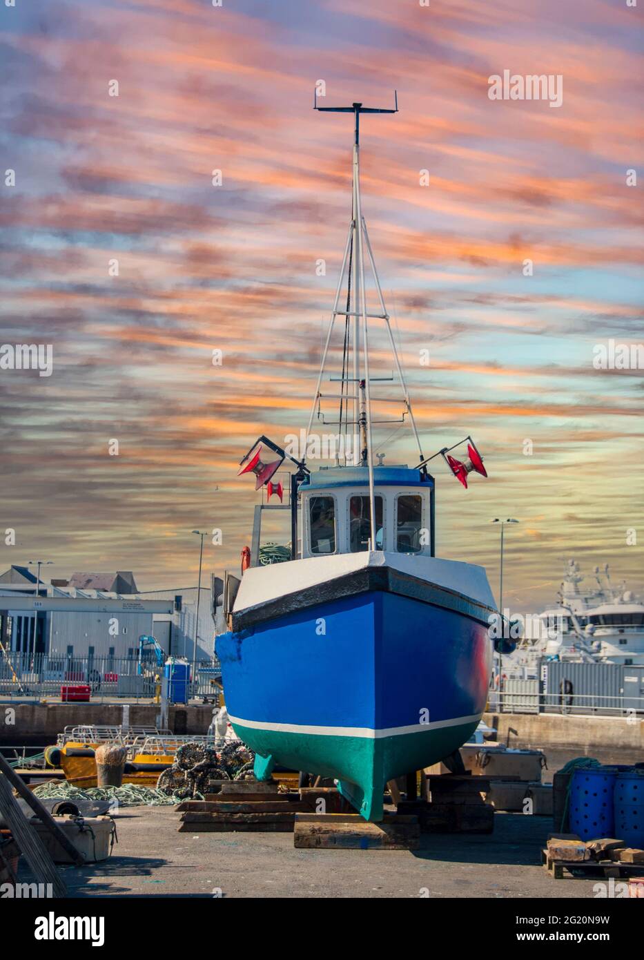 Catamarano per fattorie a Fraserburgh, Aberdeenshire, Scozia, Regno Unito Foto Stock