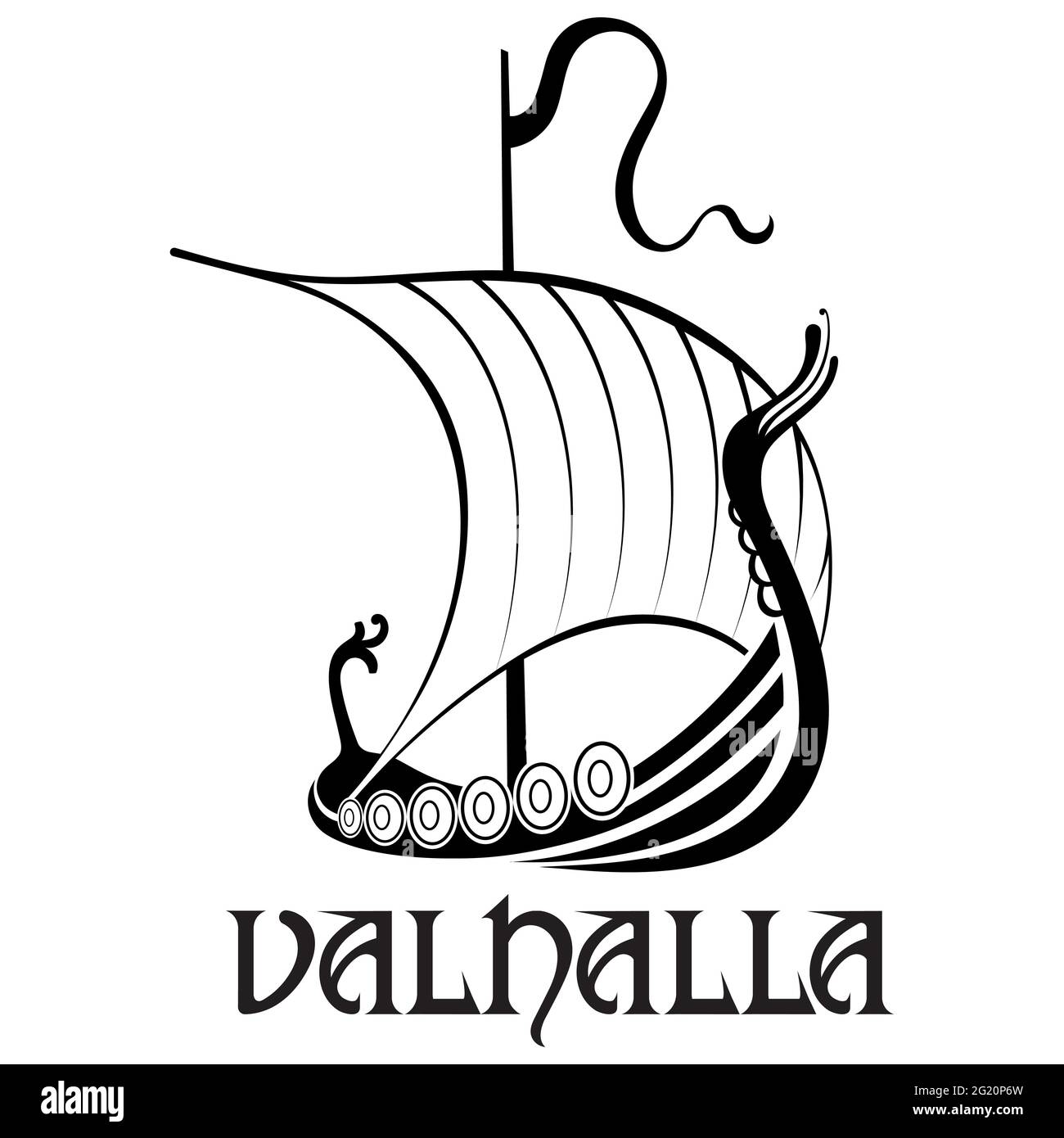 Viking, design scandinavo. Drakkar con testa di draghi e l'iscrizione Valhalla, isolato su bianco, illustrazione vettoriale Illustrazione Vettoriale