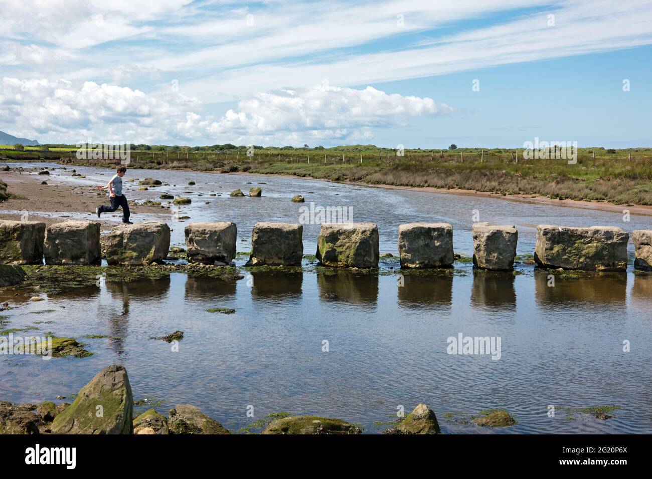 Le pietre rhuddgaer o Giant's Stepping attraversano il fiume Braint vicino a Newborough sull'Isola di Anglesey, Galles. Sono grandi blocchi di pietra calcarea. Foto Stock