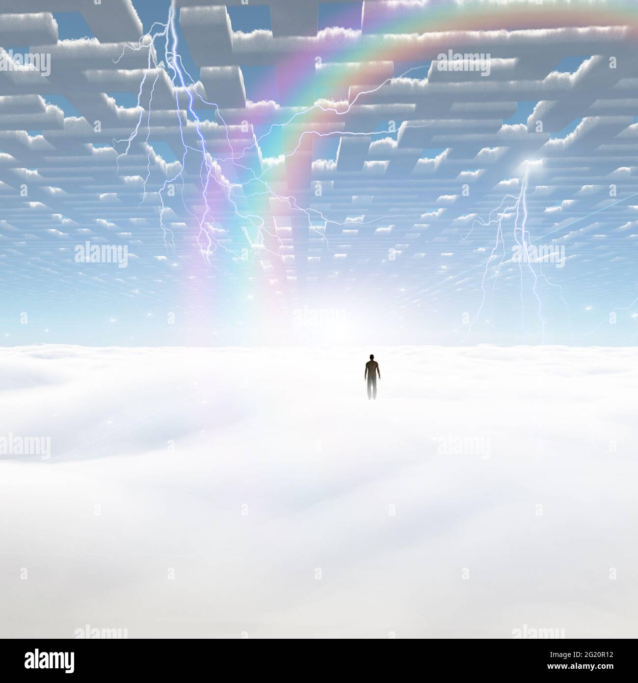 Uomo solitario in paesaggio surreale con nuvole di labirinto. Rendering 3D. Foto Stock